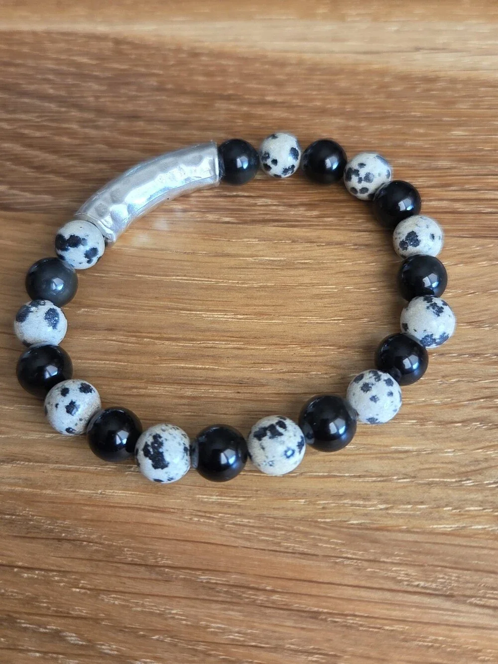 Dalmatian Jasper and Rainbow Obsidian Beaded Stretch Bracelet | Handmade